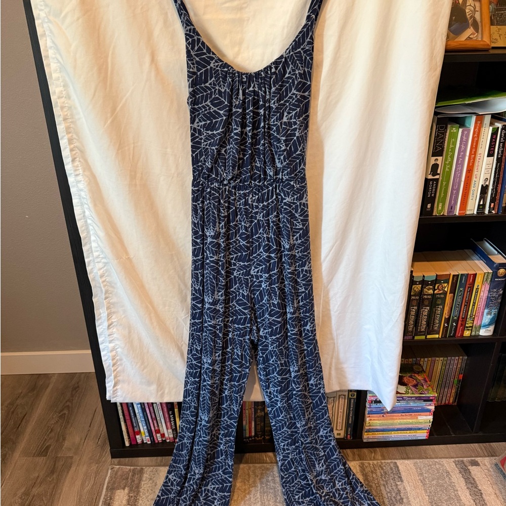 Market & Spruce Navy Leaf Pattern Jumpsuit